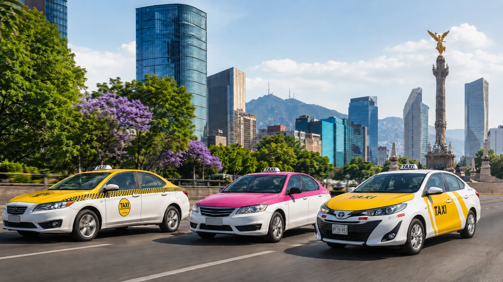 Taxis y autos de uso comercial circulando en Paseo de la Reforma, Ciudad de México