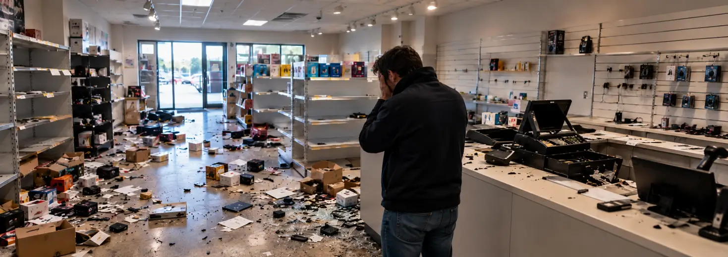 Dueño de una tienda de electrónica se lleva la mano a la cara al ver su local saqueado después de un robo
