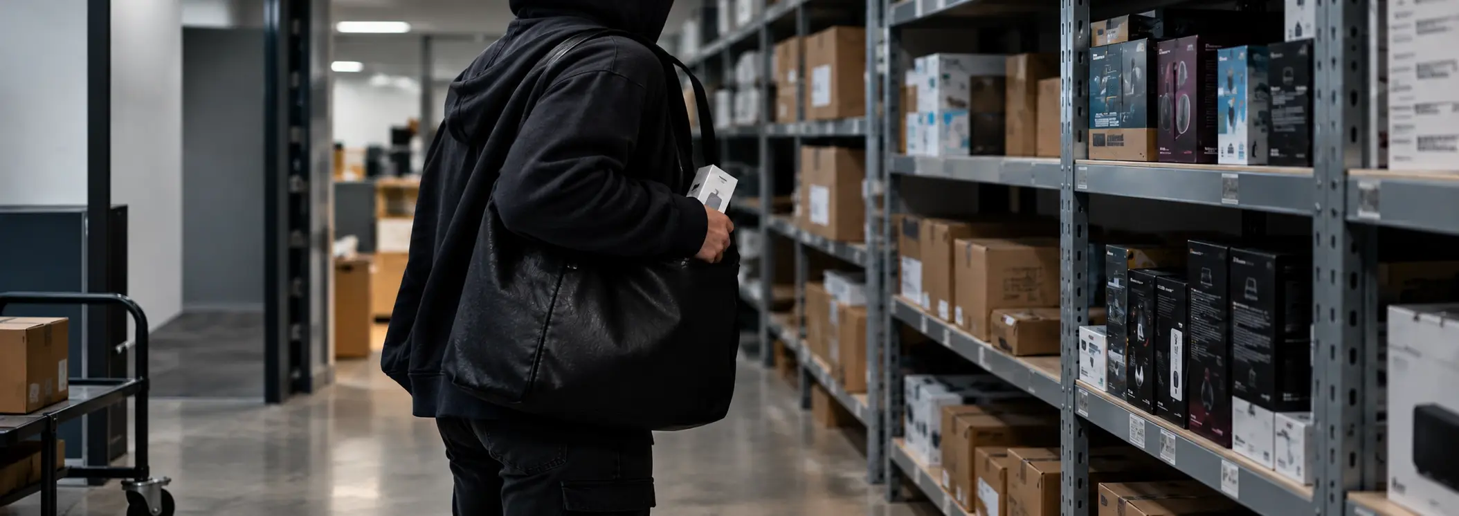 Una persona se guarda a escondidas una caja de mercancía en la bolsa, en la bodega de un negocio