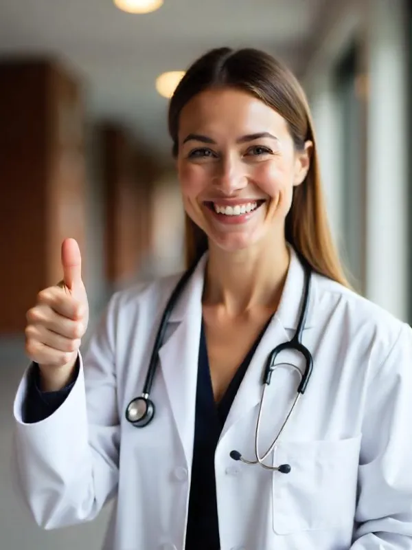 Médica joven en consulta levantando el pulgar