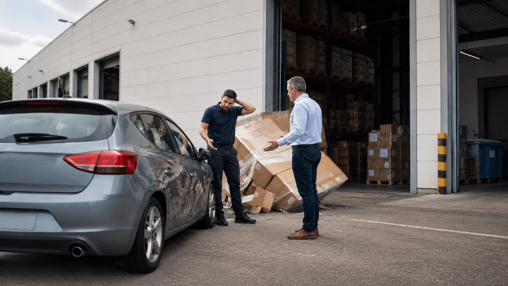 Cajas de una bodega caídas sobre un auto estacionado en el patio de carga