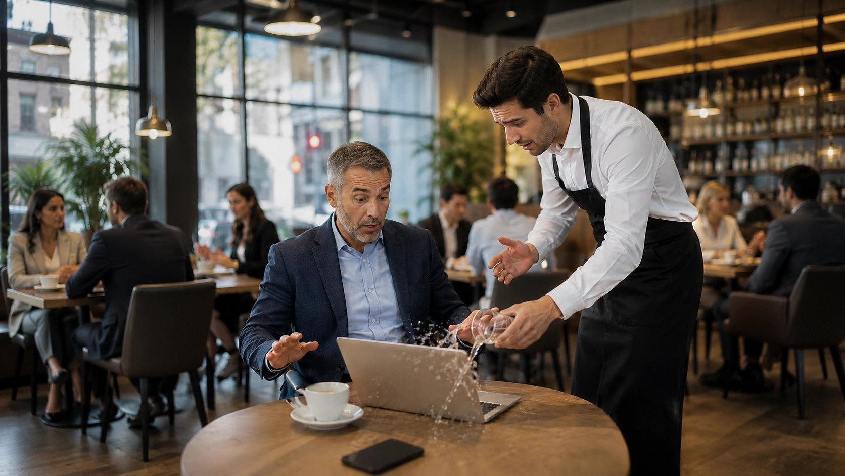 Un mesero derrama agua sobre la laptop de un cliente en un restaurante