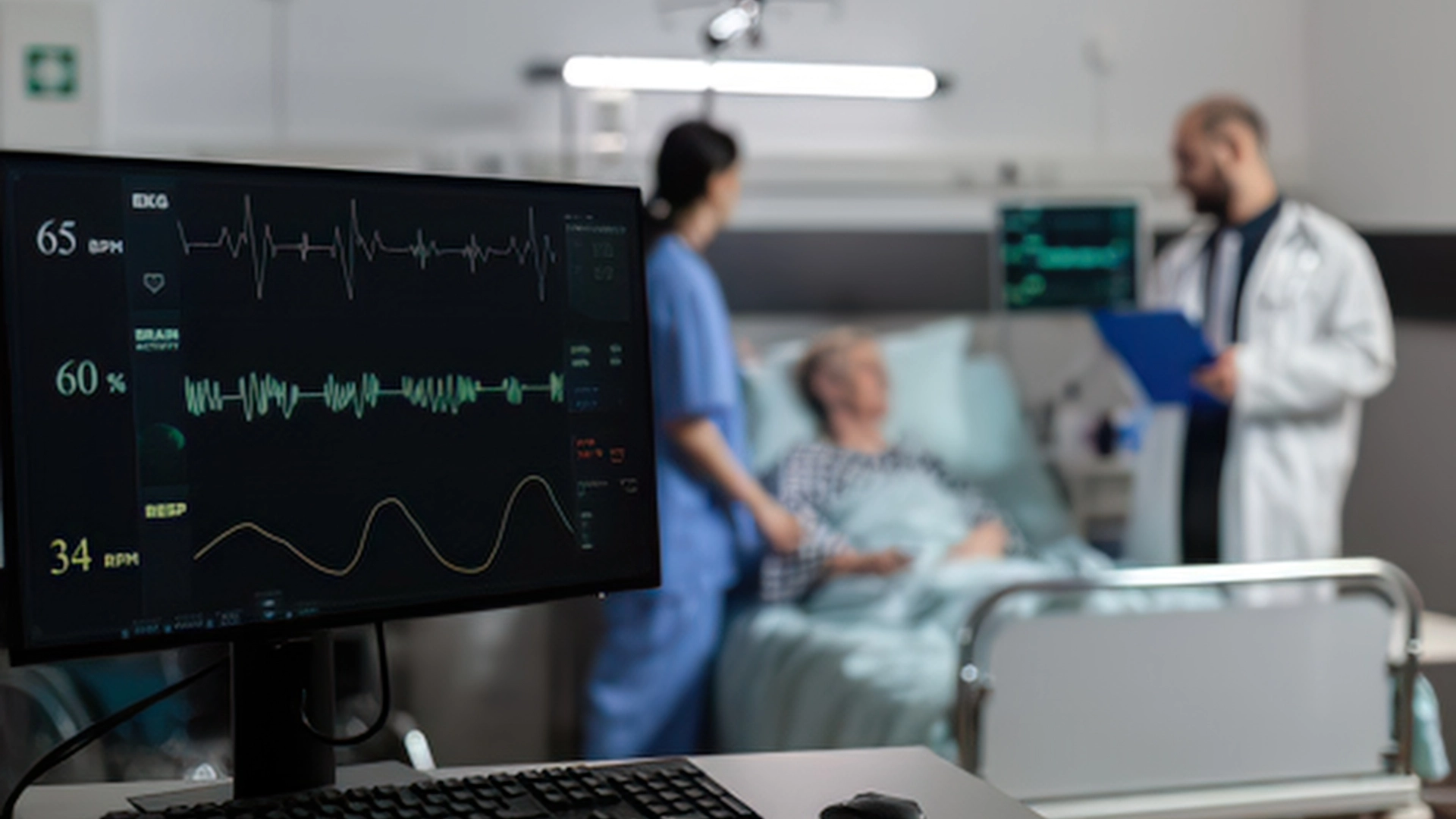 Médico y enfermera atendiendo a un paciente hospitalizado