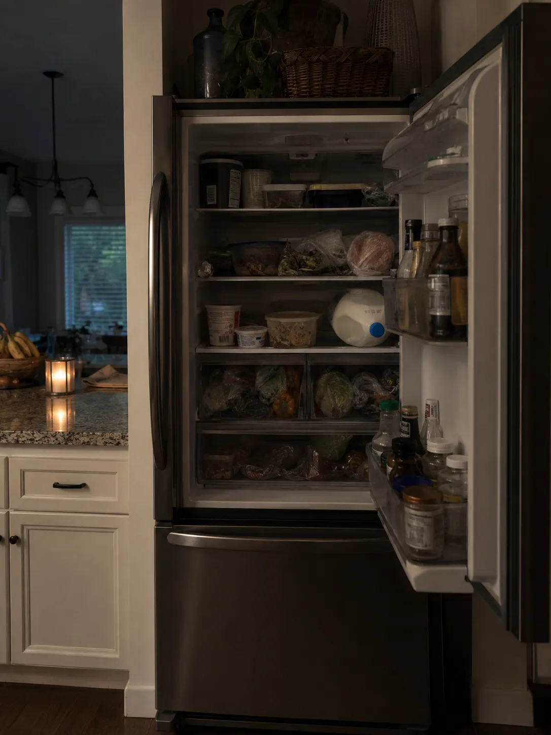 Refrigerador abierto durante un apagón, con alimentos que pueden echarse a perder